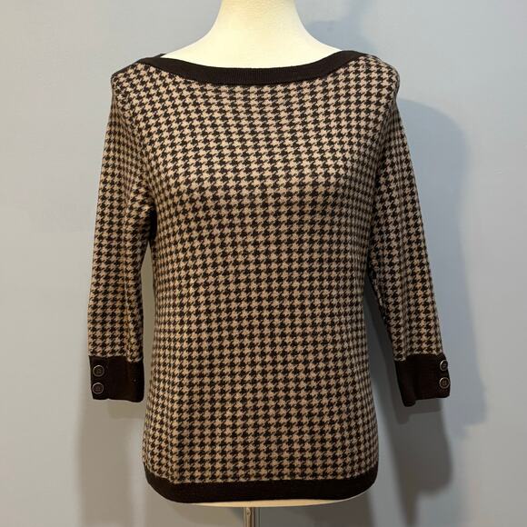 Talbots 100% Merino Wool Houndstooth Boat Neck Sweater 3/4 Sleeve, Size S Petite - Picture 1 of 7